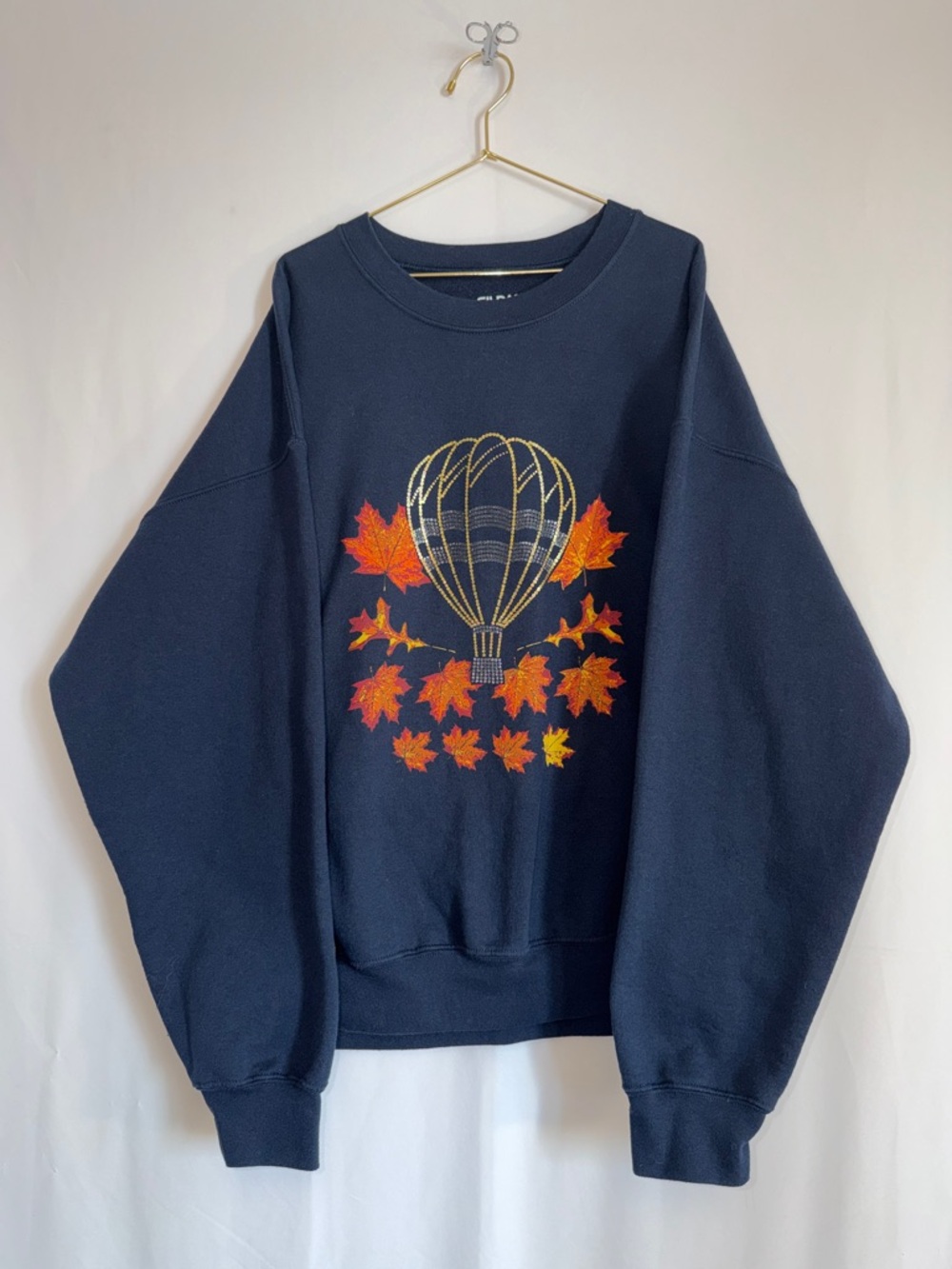 50% Cotton Navy Blue Sweatshirt Gold Hot Air Balloon Red Orange Leaves 🍁
